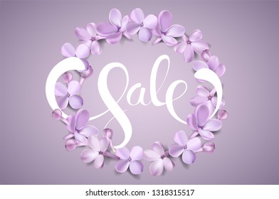 Spring Sale promotion background with purple lilac flower petals and lettering vector illustration. Design template for print poster, sticker, web banner or desktop wallpaper