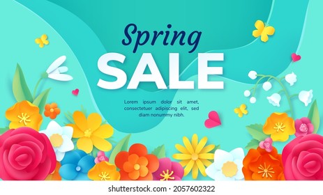 Spring sale promotion banner with paper cut flowers. Poster with 3d origami floral decoration. Fashion product discount offer vector design. Rose, may lily and snowdrop blossom for commerce