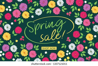 Spring sale. Promotional poster with hand drawn flowers. Dark green background. Vector illustration.
