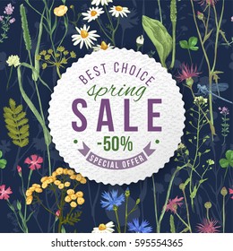 Spring sale round paper emblem on hand drawn floral background