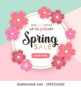 Spring sale round vector banner with pink cherry flowers and frame isolated on colorful background. Design for advertising, promotion, flyer, invitation, card, poster, website