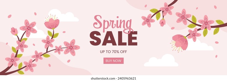 Spring Sale Sakura Cherry Blossoms Background. Banner template for social media posts, mobile apps, banners design and web or internet ads.