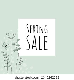 Spring Sale. Sales banner with lovingly drawn flowers and butterfly in light green tones.