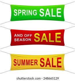 Spring sale, sammer sale, and off seasone sale red, yellow, green  banners with copy space suspended by ropes by all four corners and stretched tight hanging suspended against a white background