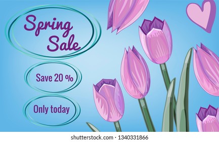 Spring sale, save 20%, only today banner with hand drawn tulips with watercolor effect. Light blue background. background. Vector illustration.