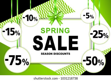 Spring sale season discounts banner with paper tags and leaves. Shop market poster design. Vector illustration.