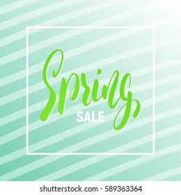 Spring sale. Seasonal banner with trendy striped background and lettering.