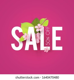 Spring sale. Seasonal offer poster template with flowers. Realistic apple blossom.