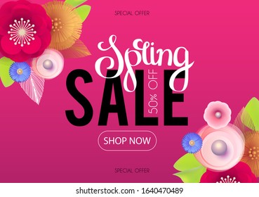 Spring sale. Seasonal offer poster template with flowers and lettering.