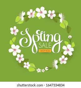 Spring sale. Seasonal offer poster template with flowers and lettering. Realistic apple blossom.