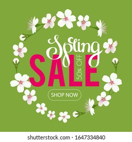 Spring sale. Seasonal offer poster template with flowers and lettering. Realistic apple blossom.