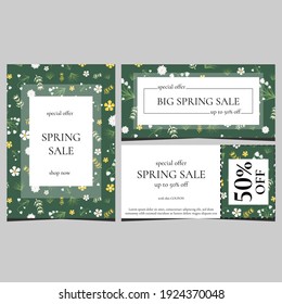 Spring sale set. Advertising flyer and discount coupons. Elegant design. Floral pattern. Vector graphics.