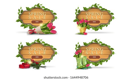 Spring sale, set of brown discount banners with a frame of vines and leaves in the form of wood plate, buttons and flowers. Spring discounts banners with beautiful icons