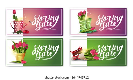 Spring sale, set of spring horizontal discount banners with flowers. Pink and green spring discounts templates
