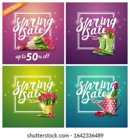 Spring sale, set of square discount banners with flowers. Pink, purple, green and blue discount templates with flower bouquets
