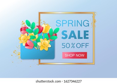 Spring sale shop banner. Paper art botanical design with flowers and greenery.  Composition with frame and place for text.