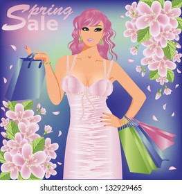 Spring sale shopping girl, vector illustration