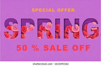 Spring Sale Shopping Special Offer Holiday Banner. Paper cut effect with paper roses.