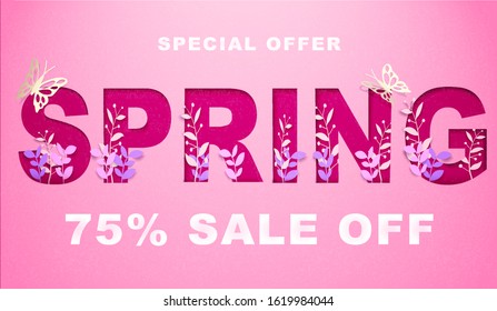 Spring Sale Shopping Special Offer Holiday Banner. with paper roses on bokeh effect.