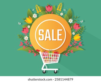 Spring Sale sign with flowers and shopping cart flat vector illustration