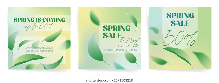 Spring Sale Social Media Banners with Green Leaves and Discounts