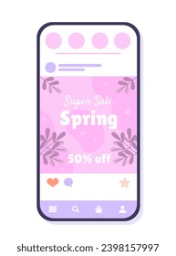 Spring sale social media post. Leaaves and flowers. Special and limited offer. Pink flyer, booklet and leaflet. Promotional cover at smartphone screen. Cartoon flat vector illustration