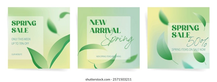 Spring Sale Social Media Template, Fresh Green Gradient Design of Spring Sale Square Cards with Natural Elements