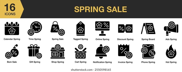 Spring Sale solid icon set. Includes calendar, time, online, discount, gift, bom, tagged, and More. Solid icons vector collection.