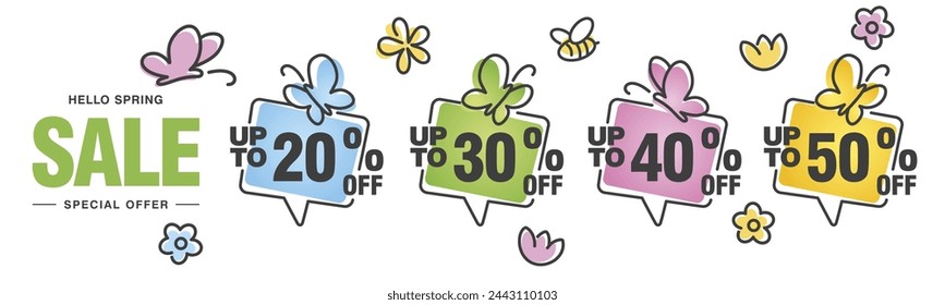 Spring Sale special offer 20 30 40 50 percent off colorful flowers and butterflies discount numbers speech bubble stickers white background