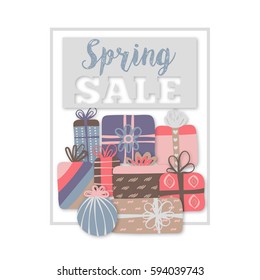Spring sale. Special offer. Different gift boxes. Cute design. Colorful presents. Flyer, banner, advertising or sign board. Vector illustration, eps10