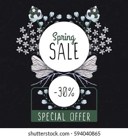 Spring sale. Special offer. Floral decoration. Flowers around round frame. Discount. Flyer, banner, advertising or sign board. Vector illustration, eps10.