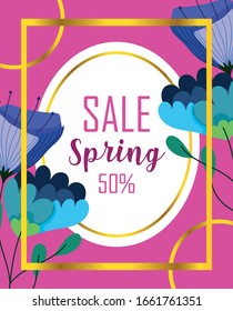 spring sale, special offer invitation flowers frame label vector illustration