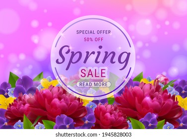 Spring sale special offer netboard. Vector purple and pink background with flowers of peony, viola. Size is a multiple of 580x400 pixels. Horizontal banner for shopping day