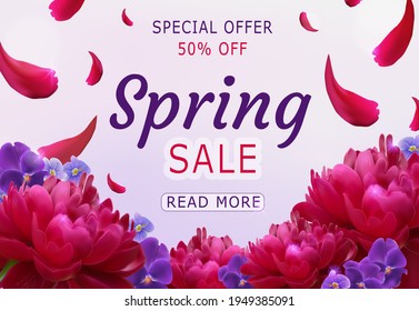 Spring sale special offer netboard. Vector purple and pink background with flowers of peony, viola. Size is a multiple of 580x400 pixels. Horizontal banner for shopping day