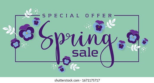 Spring Sale Special Offer Poster With Pansies And Leaves