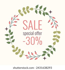 Spring Sale Special Offer poster with Floral frame. Springtime square Background for promotional text with hand drawn flowers and leaves. Modern discount with botanical elements in doodle style.