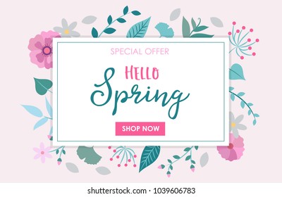 Spring sale - special offer vector illustration with flowers and leaves for campaign banner, design template