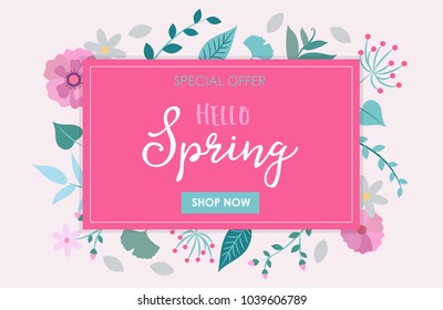 Spring sale - special offer vector illustration with flowers and leaves for campaign banner, design template