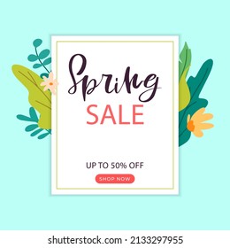 Spring Sale special offer vector banner. Spring background with hand lettering and spring green leaves. Can be used for banners, wallpaper, flyers, invitation, business cards, web, voucher discount. 