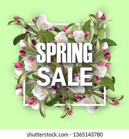 Spring sale square banner with flowering branches. 3d Realistic green leafs, pink fresh flowers. Blank template, vector mockup for site banner, ads, booklet, poster, flyer. Special discounts, offers