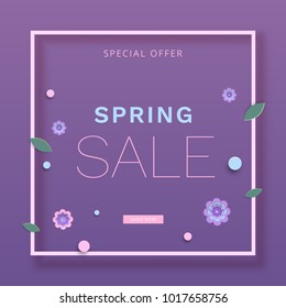Spring Sale square banner with frame and flowers. Template for advertising. Ultra violet palette colors. Element for graphic design - poster, flyer, brochure, card. Vector illustration.