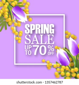 Spring sale square banner with mimosa. 3d realistic branches, green leafs, yellow fresh flowers. Blank template, vector mockup for site banner, ads, booklet, poster, flyer. Special discounts up to 70%