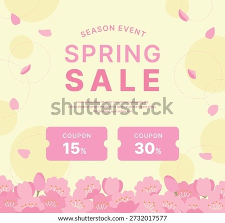 Spring sale square banner with pink cherry blossoms and discount coupons. Floral vector background for seasonal promotions, shopping events, and social media marketing.