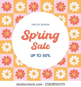 Spring sale square banner. Retro style seasonal background with stylized daisy flowers. Discount special offer. Flat design hand drawn vector illustration.