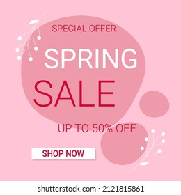 Plantilla de banner cuadrado de venta de primavera. Descuento de texto en formas abstractas rosadas y ramas blancas