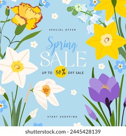 Spring Sale square banner template for social media posts, mobile apps, banners design, web, internet ads. Trendy seasonal background with narcissus, crocus and lily of valley flower and leaves