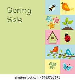 Spring Sale. Square Sales poster with spring symbols in pastel colors.