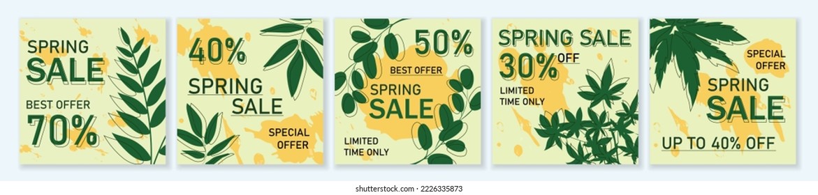 Spring Sale square template set for ads posts in social media. Bundle of promotional layouts with different green leaves. Suitable for mobile apps, banner design and web ads. Vector illustration.