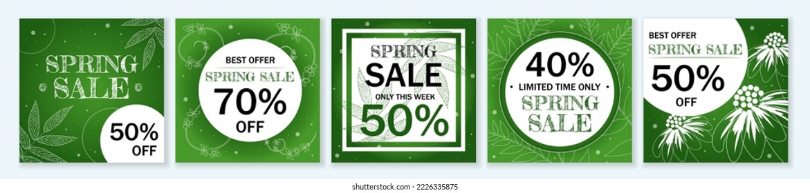 Spring Sale square template set for ads posts in social media. Bundle of green layouts with silhouette of leaves and flowers. Suitable for mobile apps, banner design and web ads. Vector illustration.