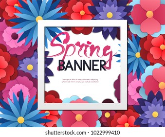 Spring sale square vector banner with shadow,poster design on colorful background with flowers in paper cut, origami style. Vector illustration